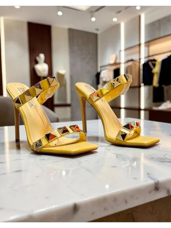 Yellow Studded High Heel Sandals With Straps & Square Toe Design For Women - Picture 4 of 15